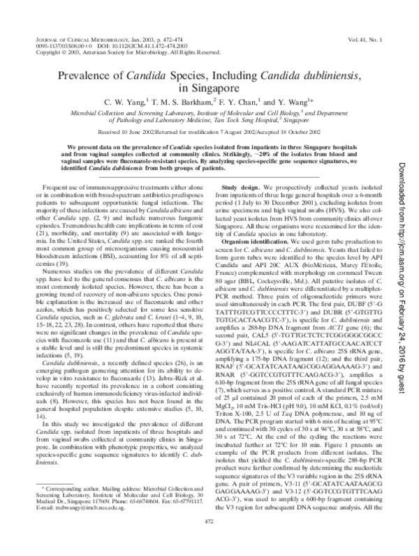 (PDF) Prevalence of Candida Species, Including Candida dubliniensis, in