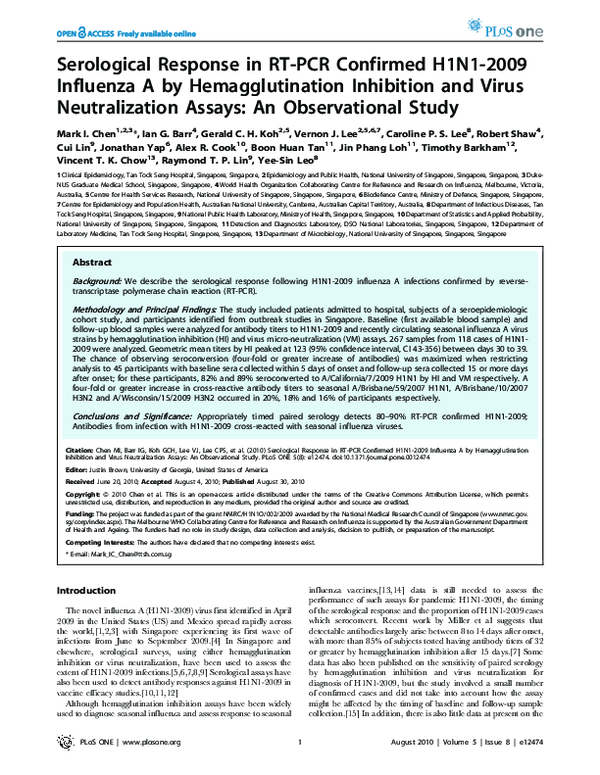 (PDF) Serological Response in RTPCR Confirmed H1N12009 Influenza A by
