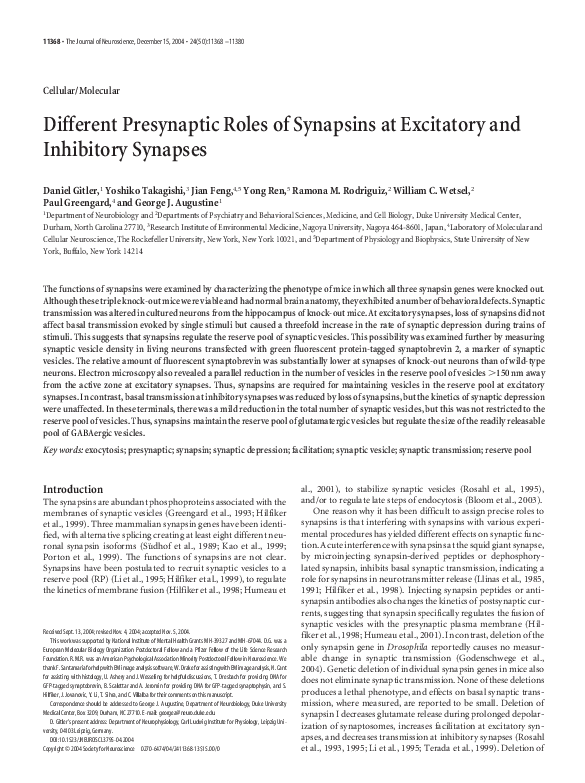 (PDF) Different Presynaptic Roles of Synapsins at Excitatory and ...