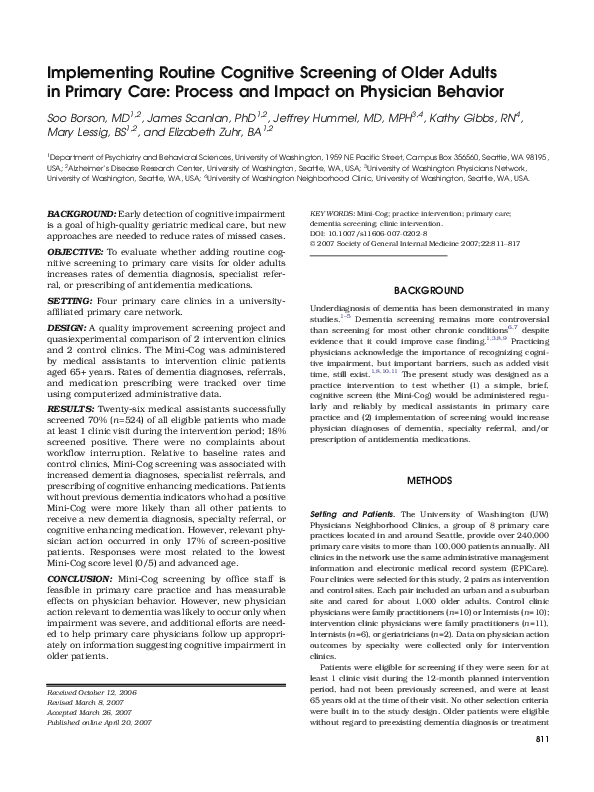 (PDF) Implementing Routine Cognitive Screening of Older Adults in ...