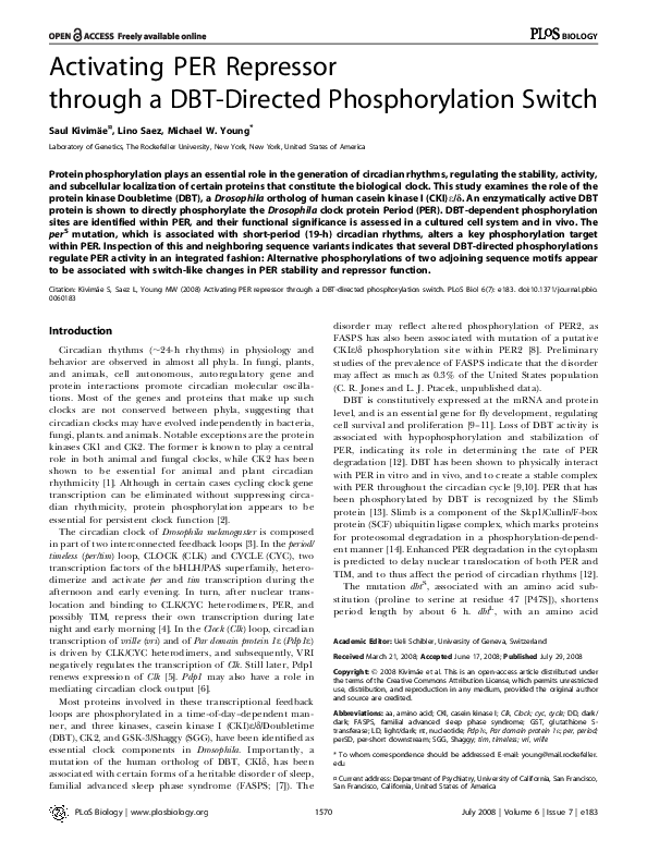 (PDF) Activating PER Repressor through a DBT-Directed Phosphorylation ...