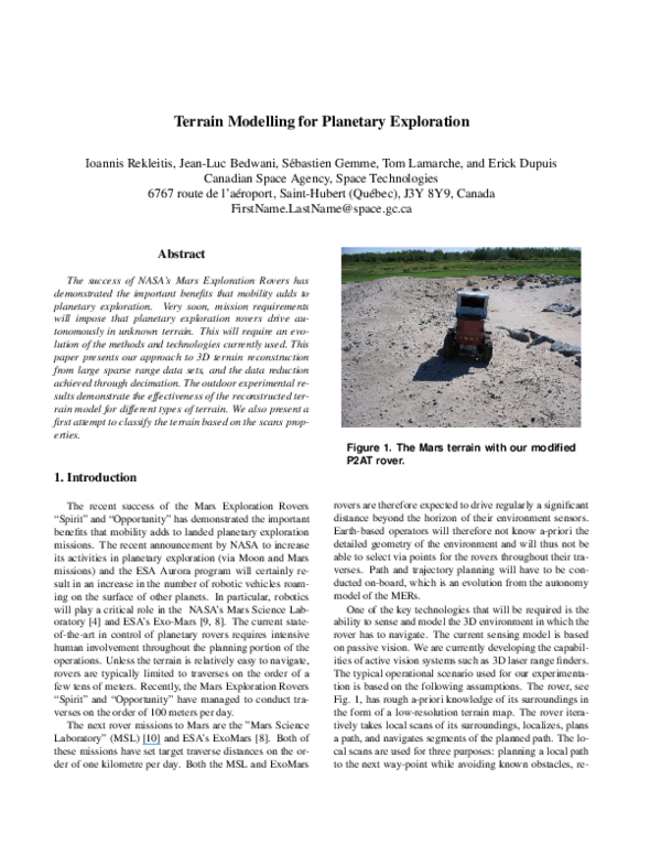 (PDF) Terrain Modelling for Planetary Exploration