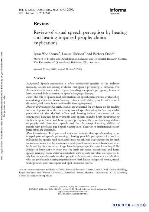 (PDF) Review of visual speech perception by hearing and hearing ...