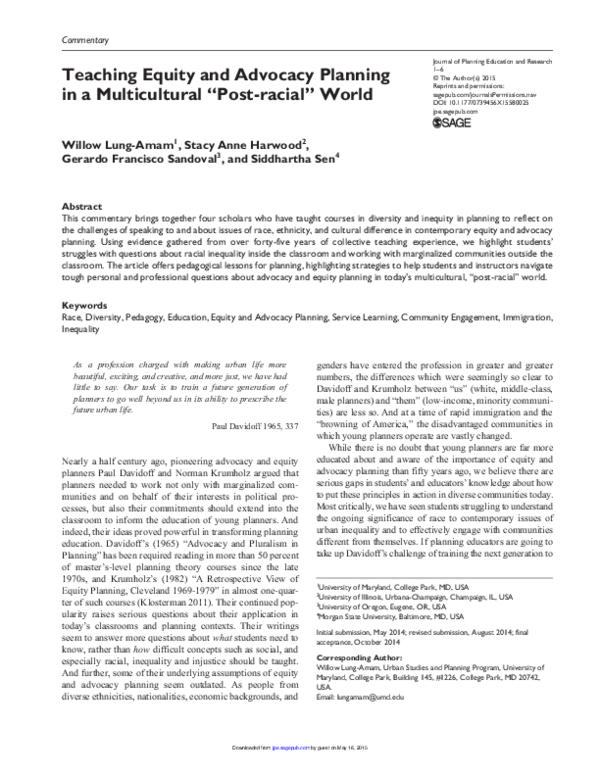 (PDF) Teaching Equity and Advocacy Planning in a Multicultural “Post ...