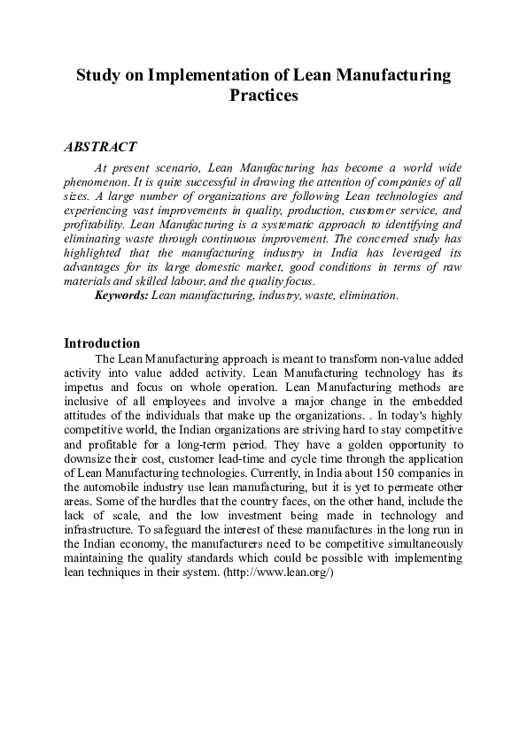 (DOC) Study on Implementation of Lean Manufacturing Practices