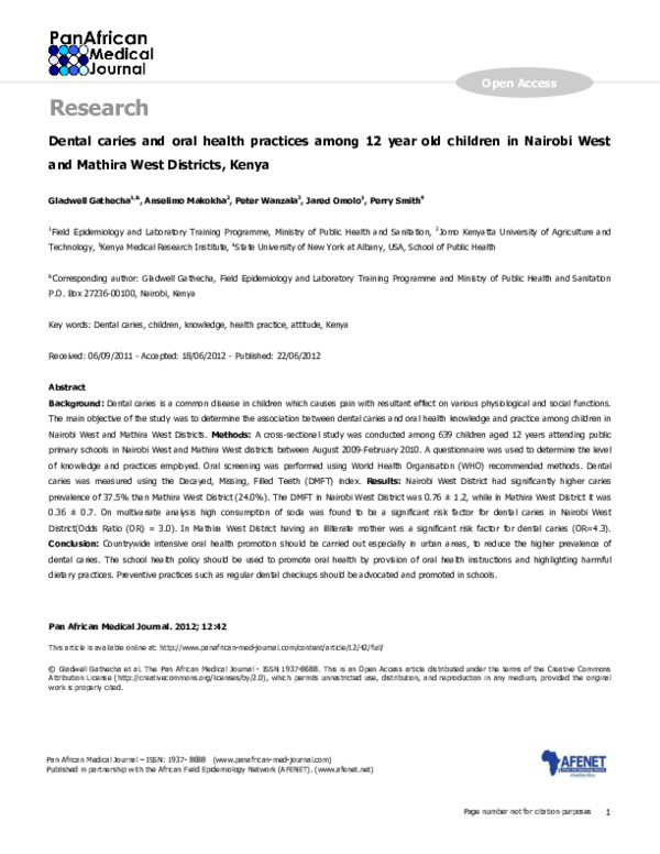 (PDF) Dental caries and oral health practices among 12 year old ...