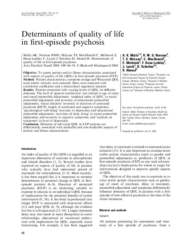 (PDF) Determinants of quality of life in first-episode psychosis