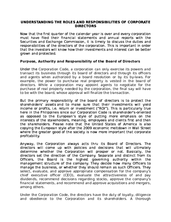 (DOC) UNDERSTANDING THE ROLES AND RESPONSIBILITIES OF CORPORATE DIRECTORS