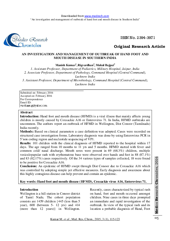 (PDF) " An investigation and management of outbreak of hand foot and mouth disease in Southern