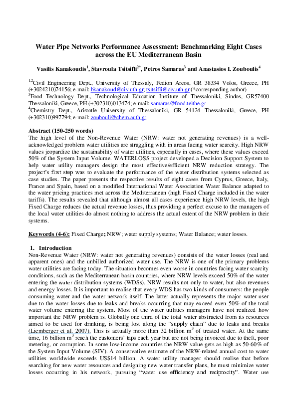 (PDF) Water Pipe Networks Performance Assessment: Benchmarking Eight ...