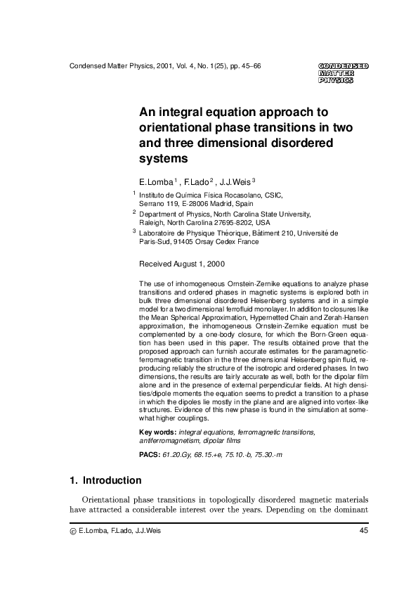 Pdf An Integral Equation Approach To Orientational Phase Transitions In Two And Three Dimensional Disordered Systems Enrique Lomba Academia Edu