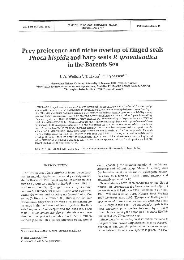 (PDF) Prey preference and niche overlap of ringed seals Phoca hispida
