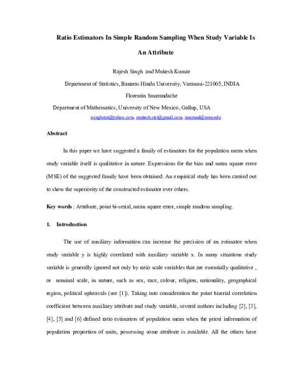 (PDF) Ratio Estimators in Simple Random Sampling when Study Variable is ...