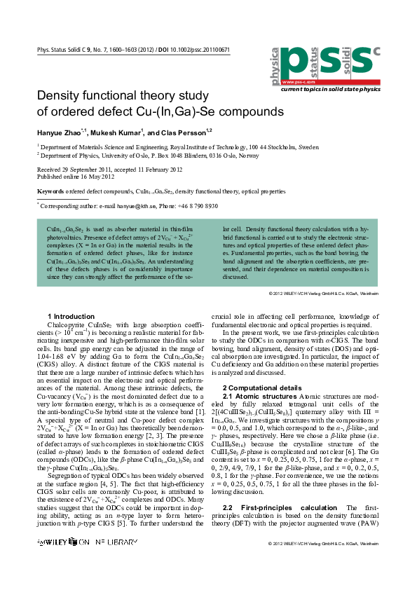 (PDF) Density functional theory study of ordered defect Cu-(In,Ga)-Se ...