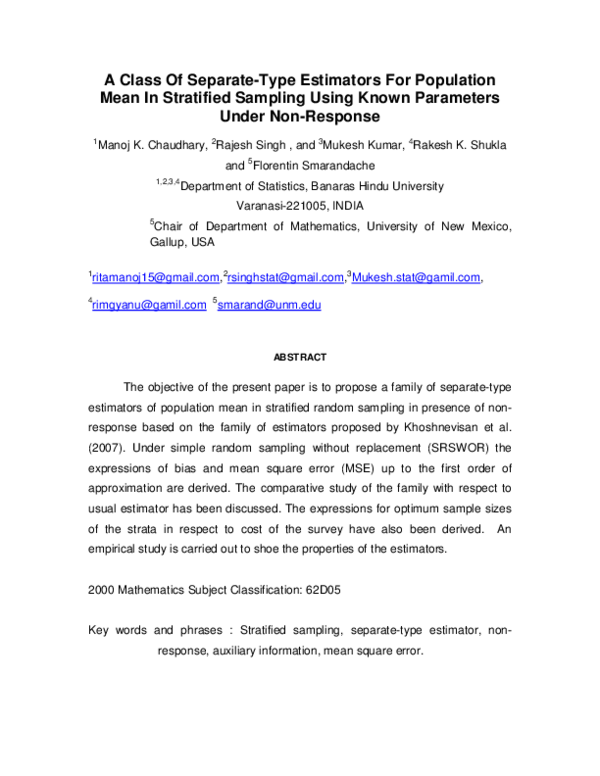 (PDF) A Class Of Separate-Type Estimators For Population Mean In ...