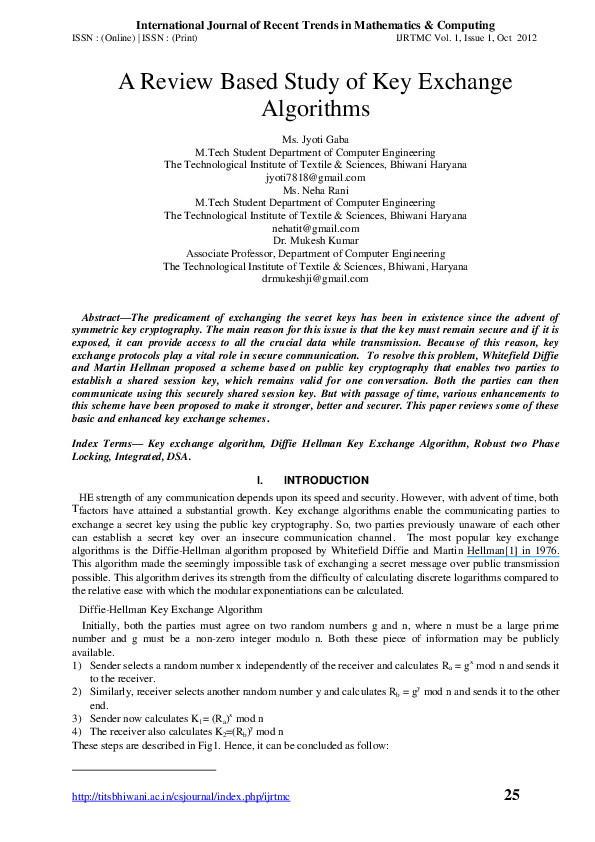 (PDF) A Review Based Study of Key Exchange Algorithms
