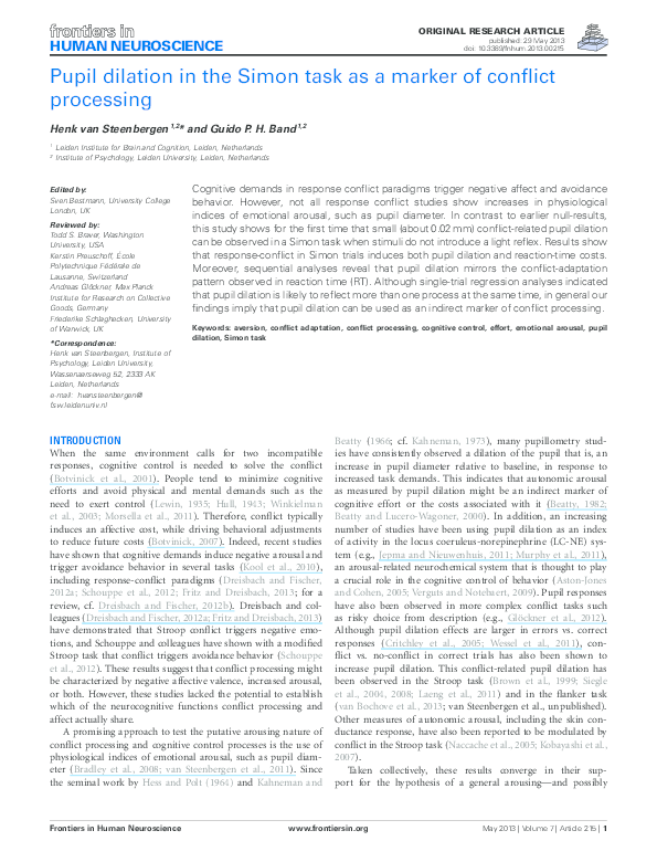 (PDF) Pupil dilation in the Simon task as a marker of conflict processing