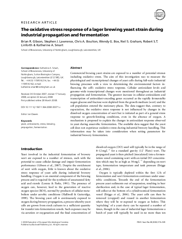 (PDF) The oxidative stress response of a lager brewing yeast strain