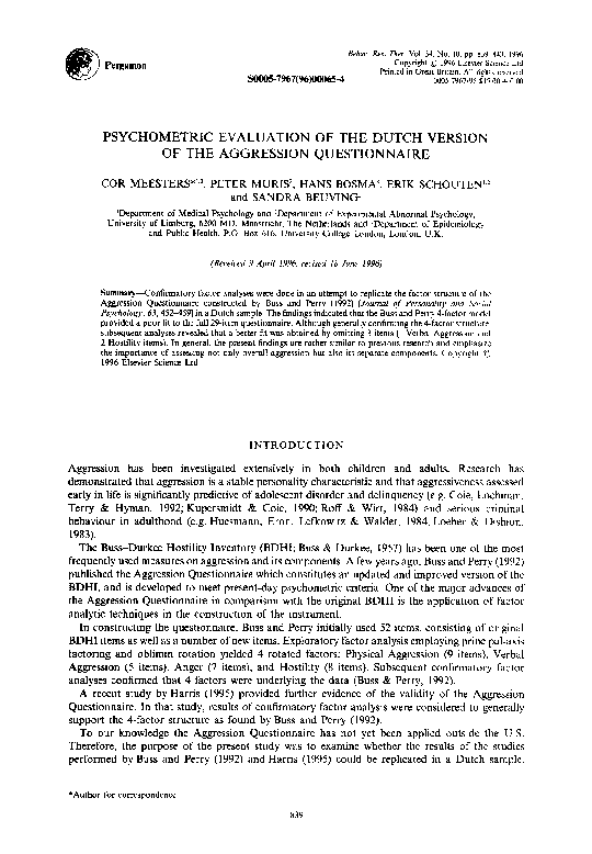 (PDF) Aggression Questionnaire--Dutch Version