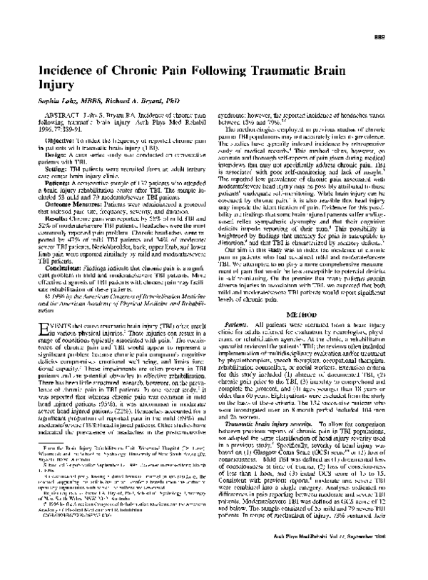 (PDF) Incidence of chronic pain following traumatic brain injury