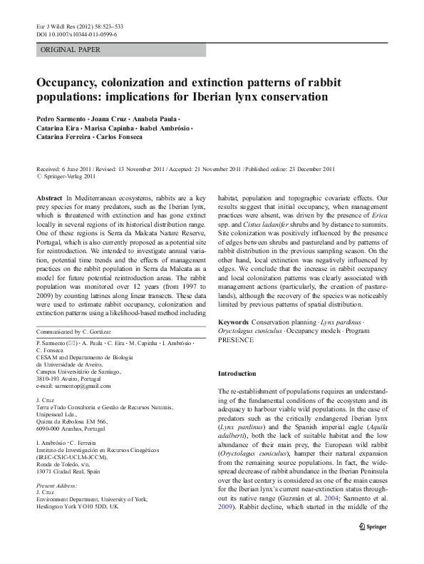 (PDF) Occupancy, colonization and extinction patterns of rabbit ...