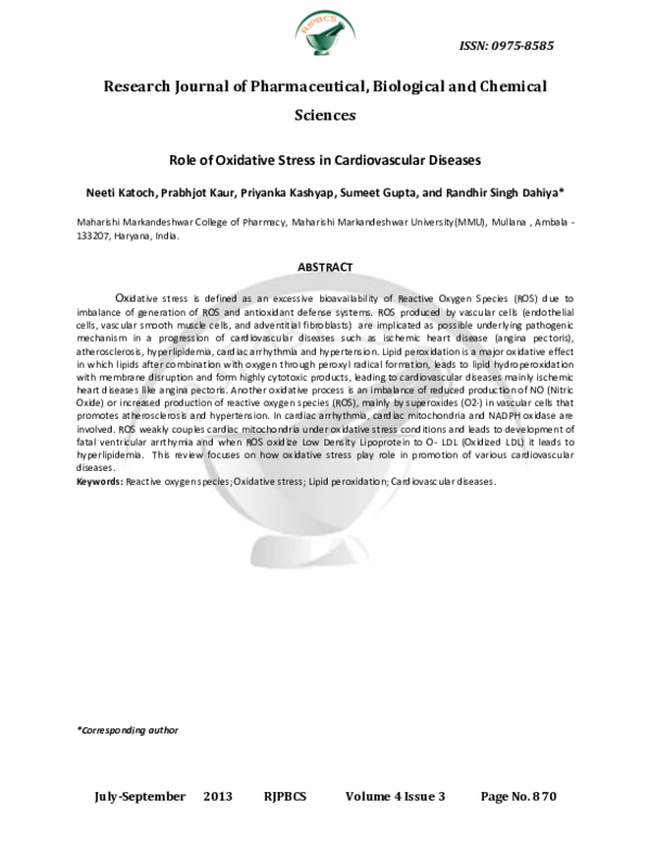(PDF) Role of oxidative stress in cardiovascular diseases
