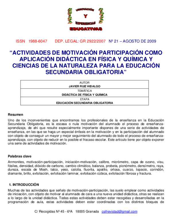 Unidades didácticas para distintas etapas educativas de Física y Química
