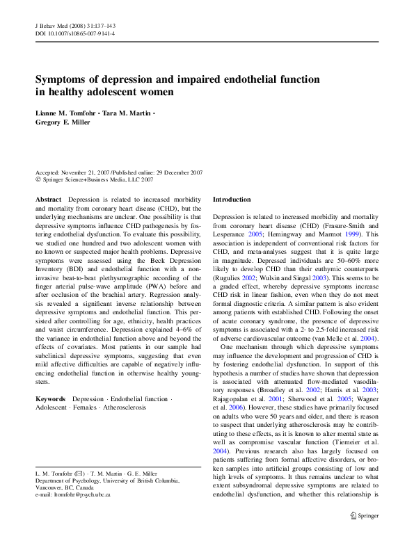 (PDF) Symptoms of depression and impaired endothelial function in ...