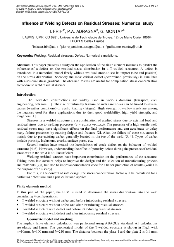 (PDF) Influence of Welding Defects on Residual Stresses: Numerical Study