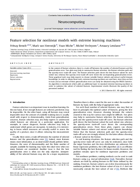 (PDF) Feature selection for nonlinear models with extreme learning machines