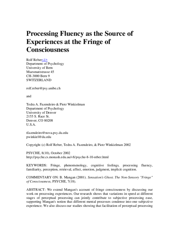(PDF) Processing fluency as the source of experiences at the fringe of ...