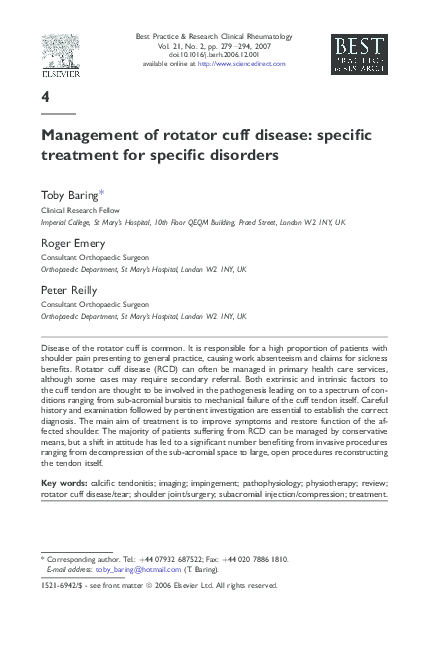 (PDF) Management of rotator cuff disease: specific treatment for ...
