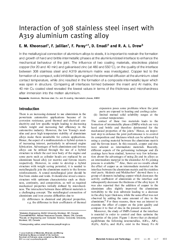 (PDF) Interaction of 308 stainless steel insert with A319 aluminium