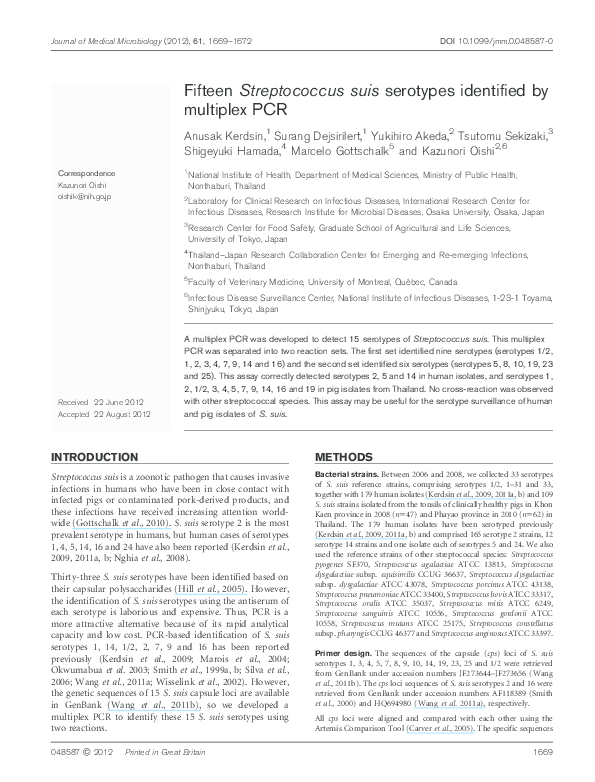 (PDF) Fifteen Streptococcus suis serotypes identified by multiplex PCR