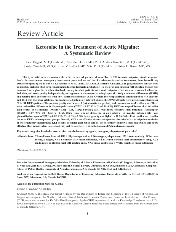 (PDF) Ketorolac in the Treatment of Acute Migraine A Systematic Review