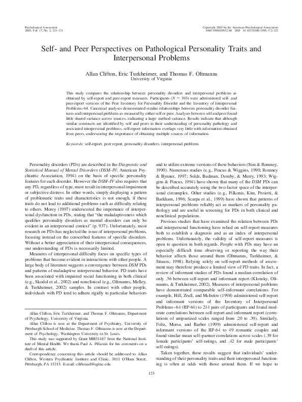 (PDF) Self- and Peer Perspectives on Pathological Personality Traits ...