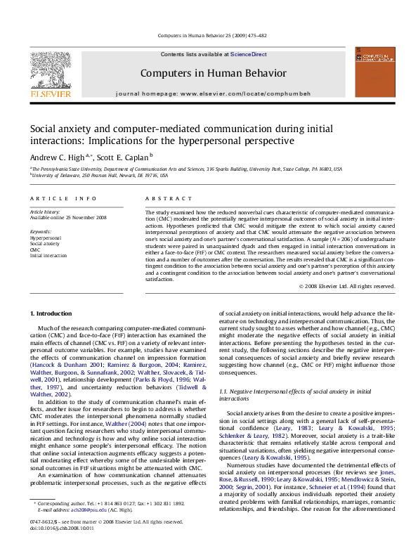 (PDF) Social anxiety and computer-mediated communication during initial ...