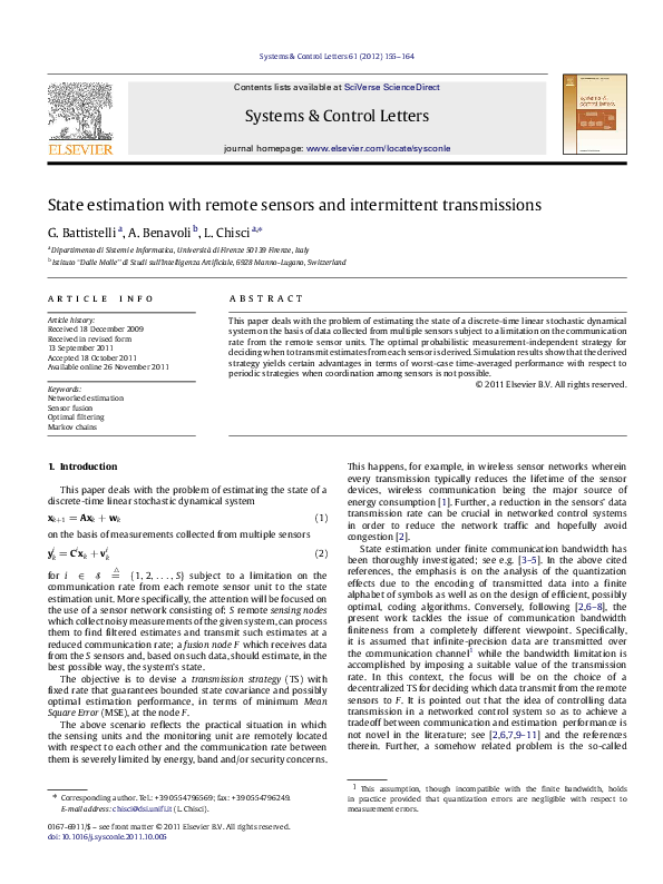(PDF) State estimation with remote sensors and intermittent transmissions