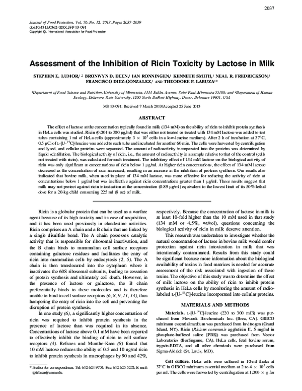 (PDF) Assessment of the Inhibition of Ricin Toxicity by Lactose in Milk