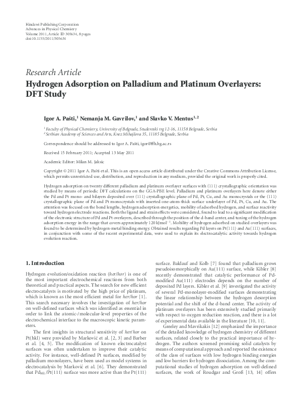 (PDF) Hydrogen Adsorption on Palladium and Platinum Overlayers: DFT Study