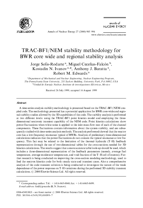 (PDF) TRAC-BF1/NEM stability methodology for BWR core wide and regional ...