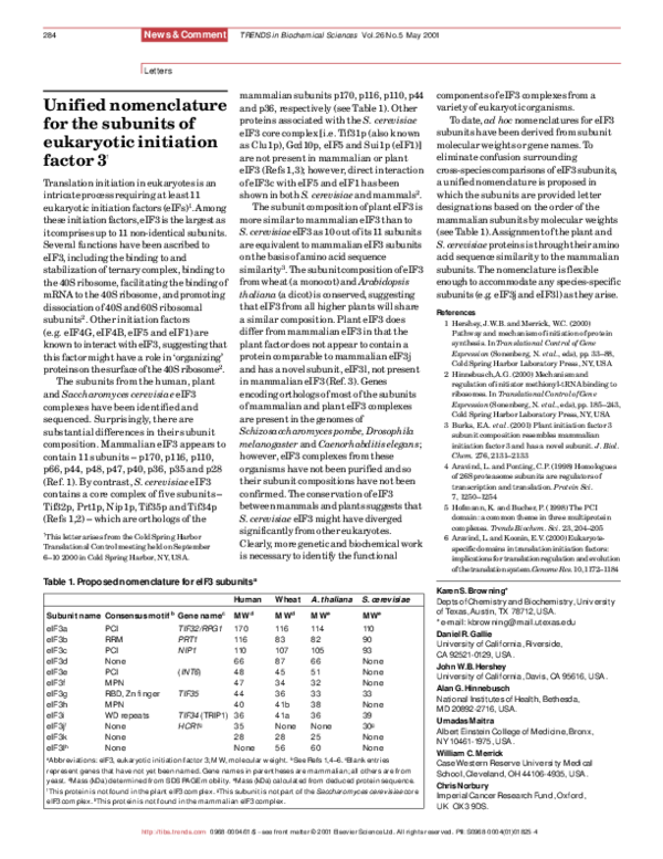 (PDF) Unified nomenclature for the subunits of eukaryotic initiation