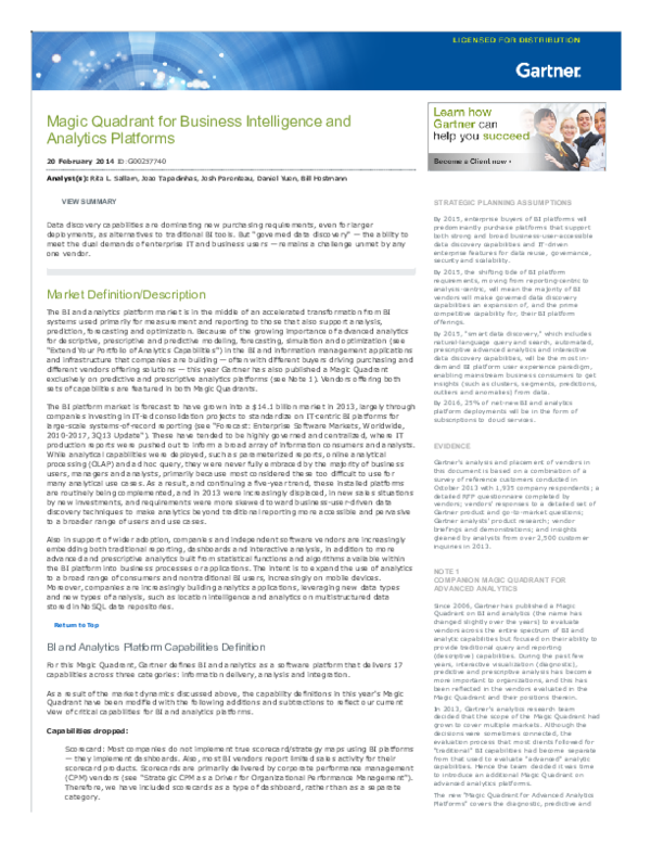 Pdf Magic Quadrant For Business Intelligence And Analytics Platforms Harold Pacha Academia Edu