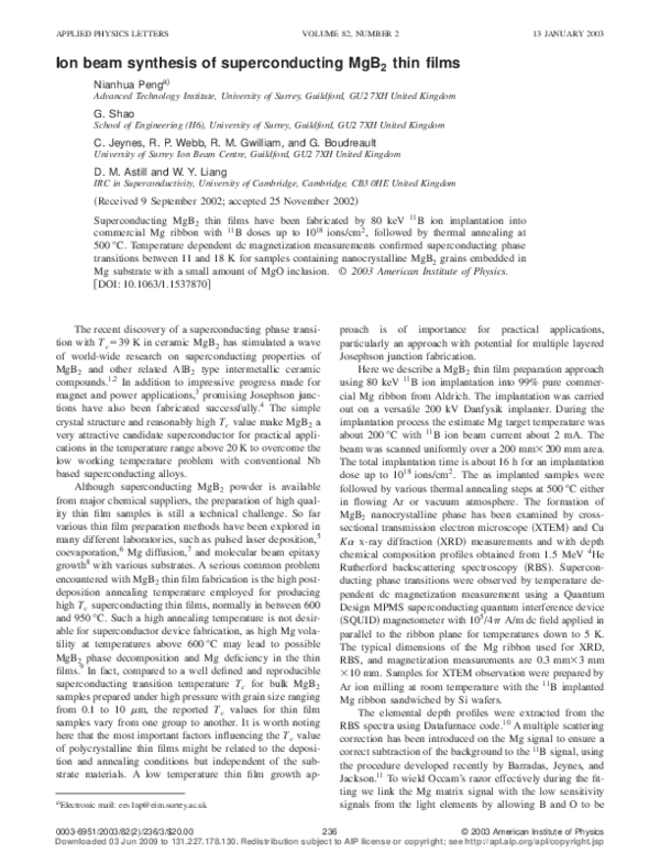 (PDF) Ion beam synthesis of superconducting MgB2 thin films