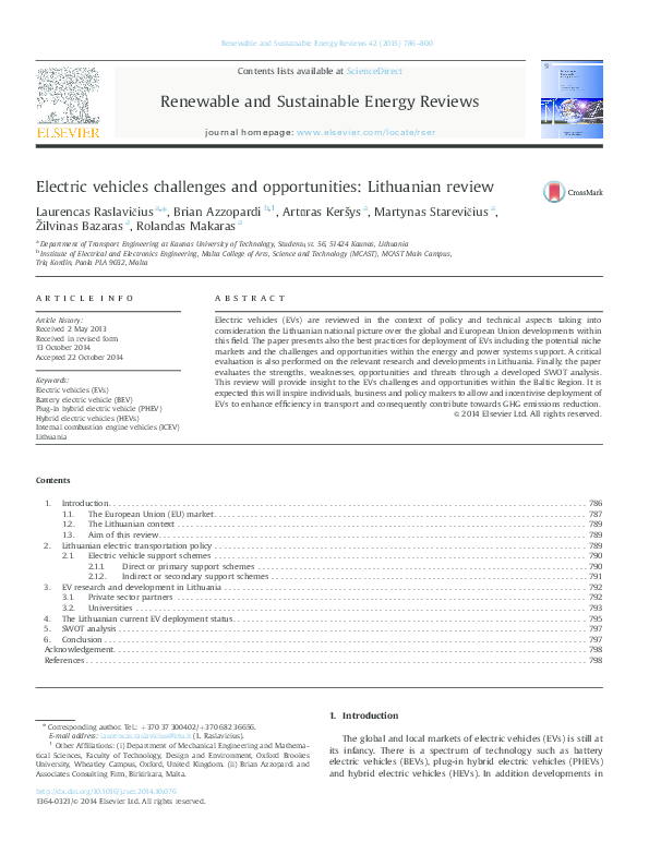 (PDF) Electric vehicles challenges and opportunities: Lithuanian review