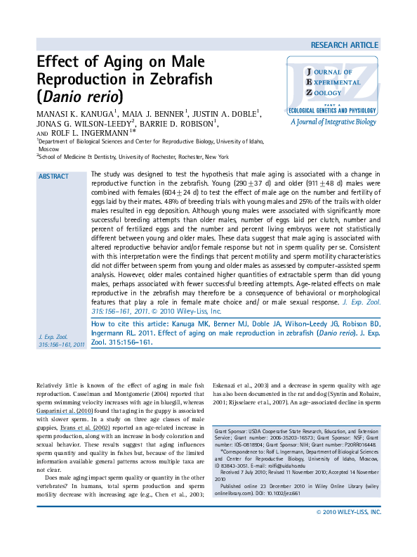 (PDF) Effect of aging on male reproduction in zebrafish (Danio rerio)