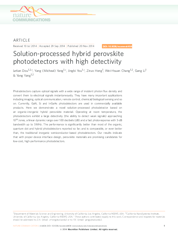(PDF) Solutionprocessed hybrid perovskite photodetectors with high