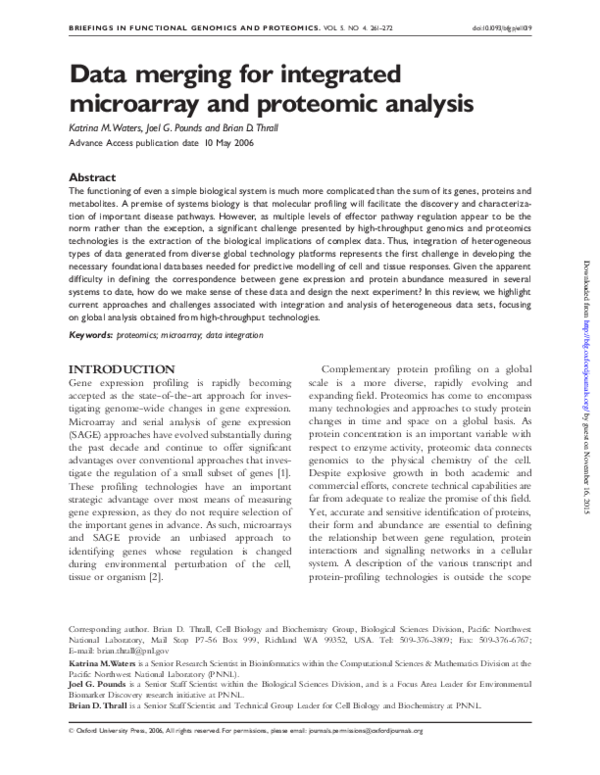 (PDF) Data merging for integrated microarray and proteomic analysis