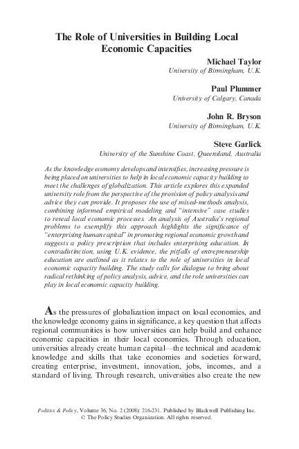 (PDF) The Role of Universities in Building Local Economic Capacities