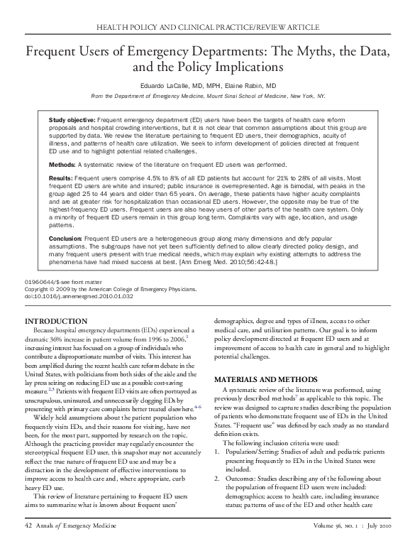 (PDF) Frequent Users of Emergency Departments: The Myths, the Data, and ...